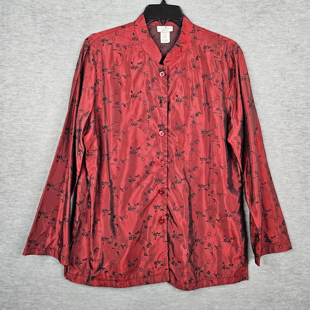 Caribe Women's Red Floral Embroidered Button-Up Shirt Long Sleeve No lining Sz S